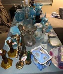 Garage sale Vintage Antique Collectibles Lot — Glass, Porcelain & Brass