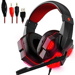 Gaming Headset for PS4 PC One PS5 Console Controller, Noise Cancelling Microphone Over Ear Stereo Headphones with Mic, LED Light, Bass Surround,
