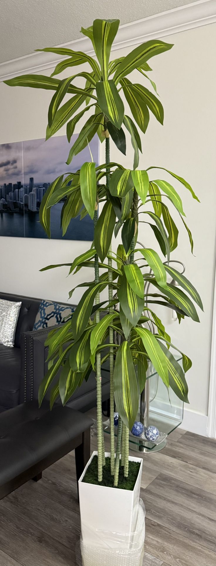 Pretty Artificial Plant 6 Ft Tall With Tall White Tall Planter! Brand New