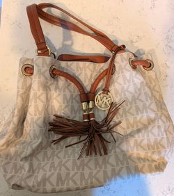 Michael Kors Large Drawstring Tote Bag Vanilla MK Signature Brown Leather Tassel