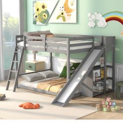Full Bunk Bed With Slide, Compatible with Full Size Mattress, Maximized Space, Fun with Slide, No Box Spring Needed, Durable Wooden Slat Support, Mult