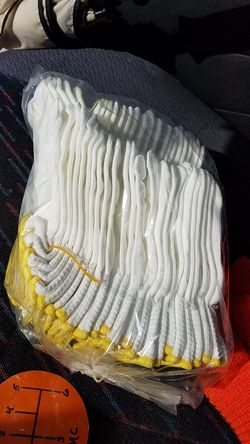 HARDWARE STORE Fastenal large sized white polyester work gloves with blue cuff