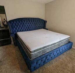 MS Q  Navy Blue Tufted Velvet Platform Bed