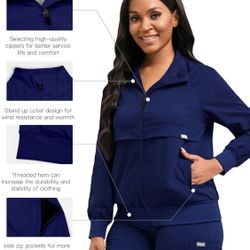 NEW WITH TAGS IN SEALED BAG Scrubspro Scrub Jackets long Sleeve Medical Scrub Jackets for Women Zip Front NAVY BLUE