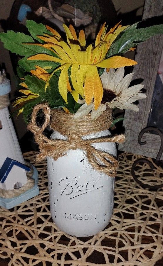 Hand Painted & Distressed Mason Jar Flower Vase