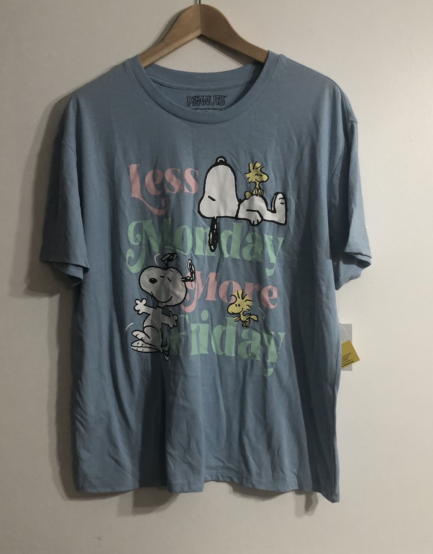 Peanuts women’s shirt Less snoopy Monday Peanuts More Friday graphics: crewneck, pull over, short sleeves, soft, relax,  comfortable,  lightweight fit