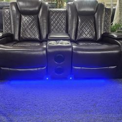 Brand New Brown Air Leather Power Reclining Loveseat With USB  Charger, Bluetooth Speakers And ĹED Lights