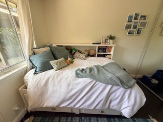 White twin bed frame w storage and book case