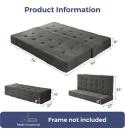 FULL 8” Tufted Futon Mattress with Handles-Floor Sofa Bed-Guest-Living Room-Gray $140 Firm