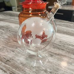 Vintage Clear Etched Glass World Globe Liquor Decanter with Glass Stand