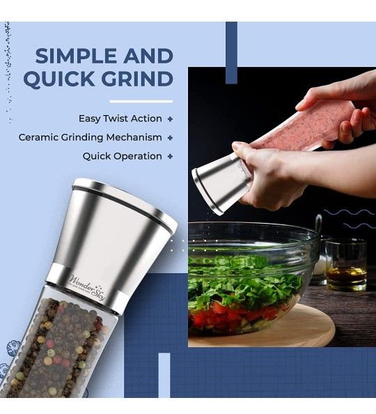 Salt and Pepper Grinder Set - 2 Pack - Pepper Mill, Salt Grinder, Refillable, Pepper Mill Grinder, Tall Glass Salt Pepper Grinder, Salt Pepper Grinder