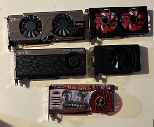 Lot of 5 Assorted GPUs - MSI HD 7950, EVGA GTX 660, XFX RX 560, GT 640, ASUS HD 3870 + Adapters
