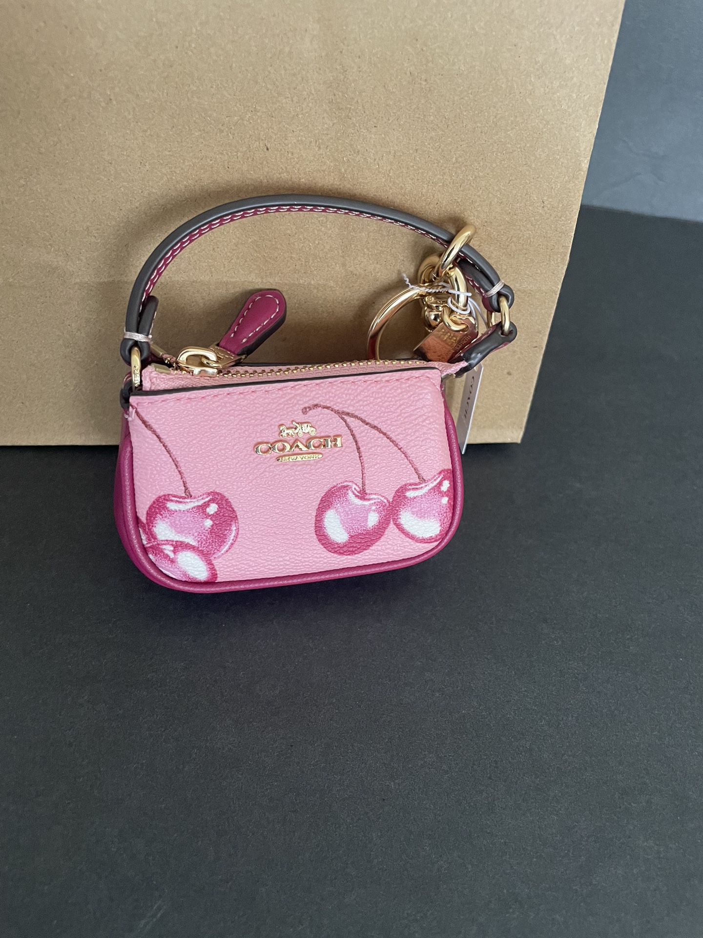 Coach Mini Nolita Bag Charm Keychain Pink Cherry Print CR496 NWT