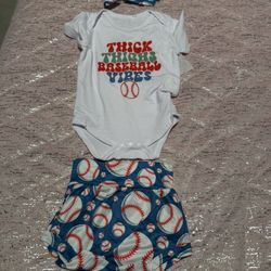 Baby's Cartoon Baseball Print 2pcs Summer Casual Outfit, Puff Sleeve Triangle Onesie & Bowknot Headwear & Triangle Shorts Set, Toddler & Infant Girl's