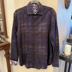 ROBERT GRAHAM Men Classic Fit Plaid Flip Cuff Button Long Sleeve Top Size Large