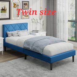 Twin size Linen Wrapped Platform bed frame blue