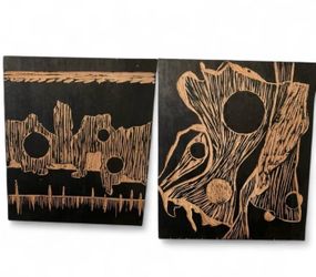 2 Vintage Woodcut prints on wood