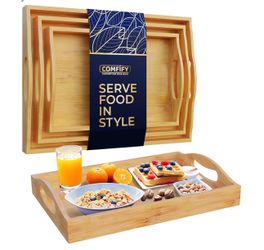 Serving Trays – Set of 3 Ottoman Trays for Food, Entertaining, and Decor – Minimalist Design Natural bamboo wood; for coffee table, breakfast tray and