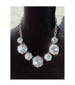 Exaggerated Silver Tone Chain Station Necklace with Seven Large Rhinestones
