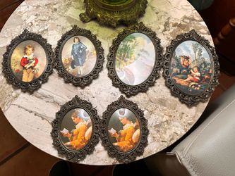 Italian Brass and Filigree Oval Picture Frames with Classic Art Prints