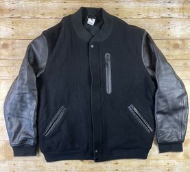 Nike NSW Destroyer Wool Jacket Cow Leather Sleeves Black Mens L - II6238-010