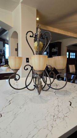 5-Light Bronze Scroll Chandelier with Glass Shades