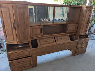 Vintage Solid Oak Wood Queen Headboard Wall Unit with Storage