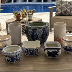 8Pc. Lot of Blue and White Ceramic Planter Pots 