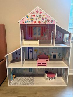 Large Wooden Dollhouse 35” Tall w/ Furniture Pink White Kids Play House
