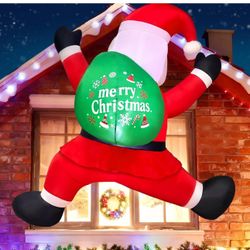 6FT Christmas Inflatables Climbing Santa, Blow Ups Xmas Hanging Santa Outdoor Decorations with LED Light Up for Xmas Yard Outdoor Roof Christmas Decor