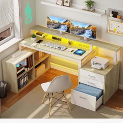 L-Shaped Desk with Storage and LED Lights