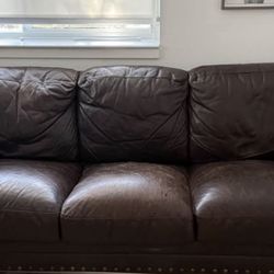 TWO - Authentic Natuzzi Italian Leather Sofa Set – Espresso Brown – Nailhead Trim – Quality Build