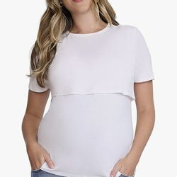 small Maternity Women's Short Sleeve Crew Neck Nursing Tee Shirt for Breastfeeding with Easy Access
