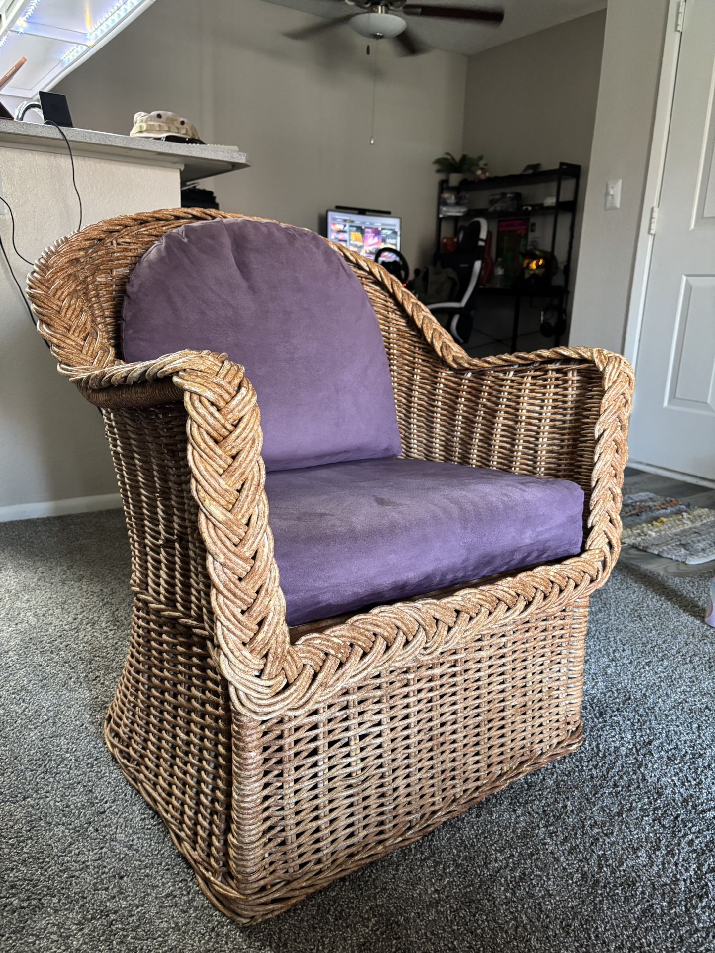 Wicker Chair with Purple Cushions/Pillows