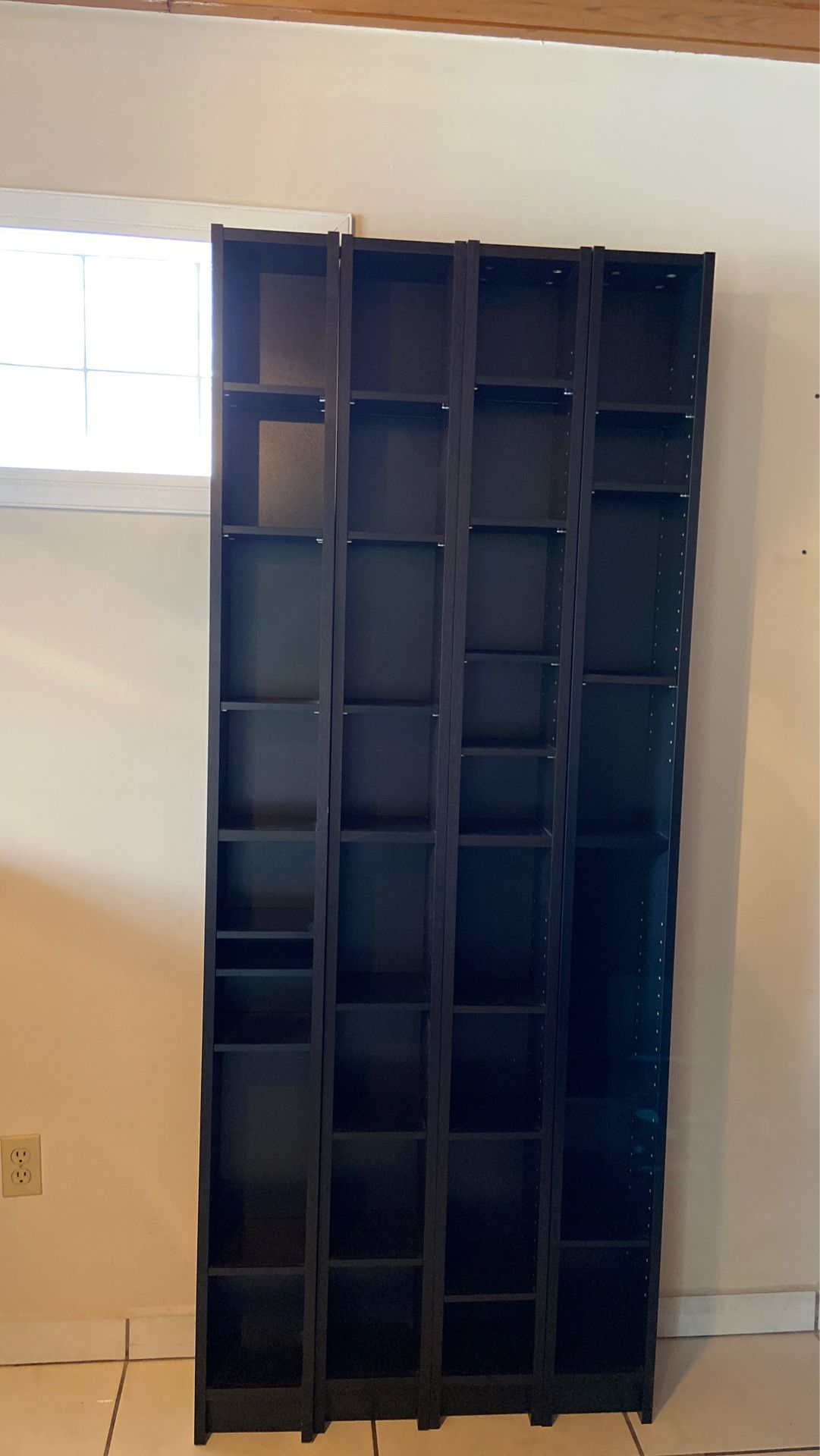 Shelving-black, 79” tall, 31” 1/2 wide, adjustable shelves.
