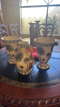 For Sale – Beautiful 3-Piece Decorative Ceramic Vase Set – Tropical Palm Tree Design