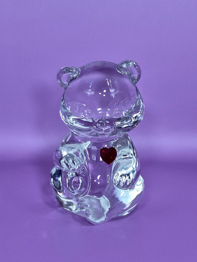 Fenton Art Glass Teddy Bear Crystal w/ Pink Heart Figurine Paperweight