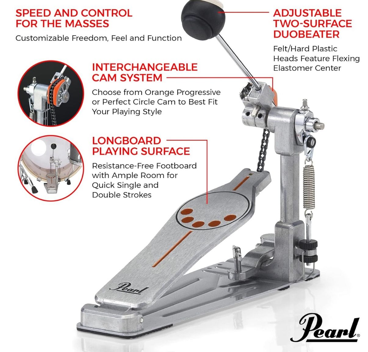 Pearl Drum Pedal P930 Demonator Single Chain Interchangeable Cam Powershifter Drum Pedal