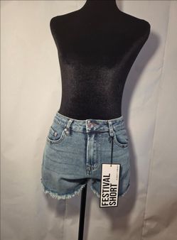 (Almost Famous) Blue  Medium Wash Denim shortsw/ Cut-Off Fringe. ( New w/ Tag)