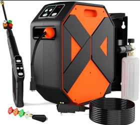 5000PSI Wall Mounted PowerWasher with 4 Quick Connect Nozzles, Foam Cannon for Car, Lane, Patio Cleaning, Orange