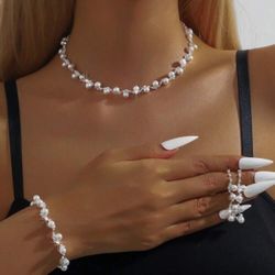 4pcs/Set Elegant Faux Pearl Women Jewelry Set - Necklace, Earrings, Bracelet, Suitable For Bride, Wedding, Party Occasions