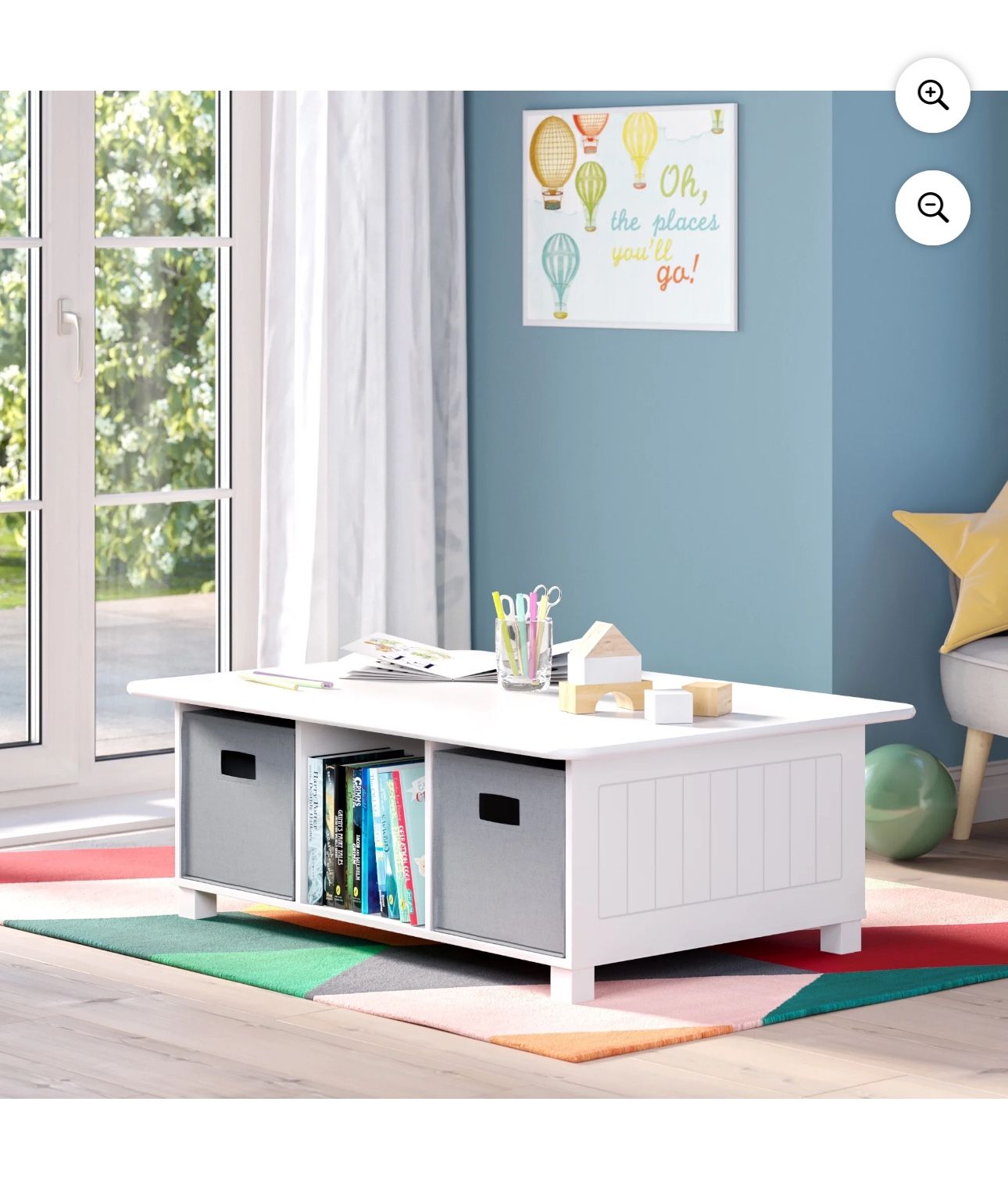 RiverRidge Kids Desk, Activity and Play Table with 6 Storage Cubbies - White with 2 Gray Fabric Bins