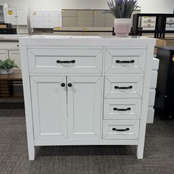 36 inch Bathroom Vanity with Sink Combo, White Bathroom Cabinet with Drawers. The top two drawers are decorative, and the bottom three drawers are fun