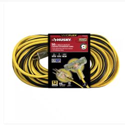  Husky Vividflex 50 ft. 12/3 Heavy Duty Indoor/Outdoor Triple Tap Extension Cord with Lighted Ends, Yellow 