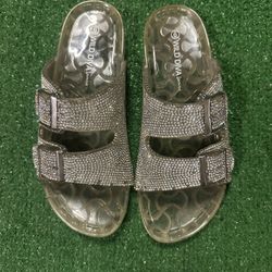 Clear Sparkly silver Wild Diva lounge sandals with rhinestone straps size 6