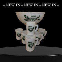 McKee Glass Company,  MCM Mid Century Modern Tom & Jerry  Milk Glass Punch Bowl Set