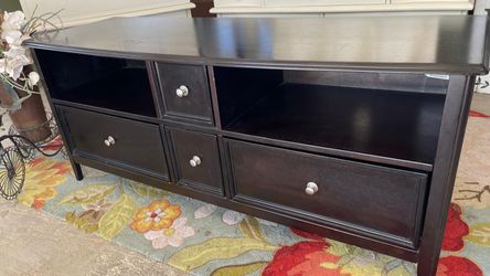 Gorgeous Dark espresso wood console features multiple Storge drawers and open shelving