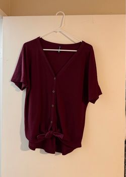 Burgundy ribbed knit button-up baggy blouse with tie detail  size M.