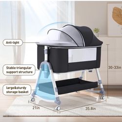 4 in 1 Bedside Bassinet for Baby, Portable Baby Bassinet with Wheels, Baby Crib with Mosquito Net, Storage and Mattress Included, Foldable Travel Bass
