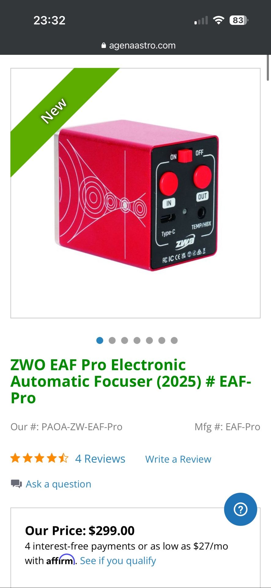ZWO EAF Pro Electronic Automatic Focuser (2025 Model).
